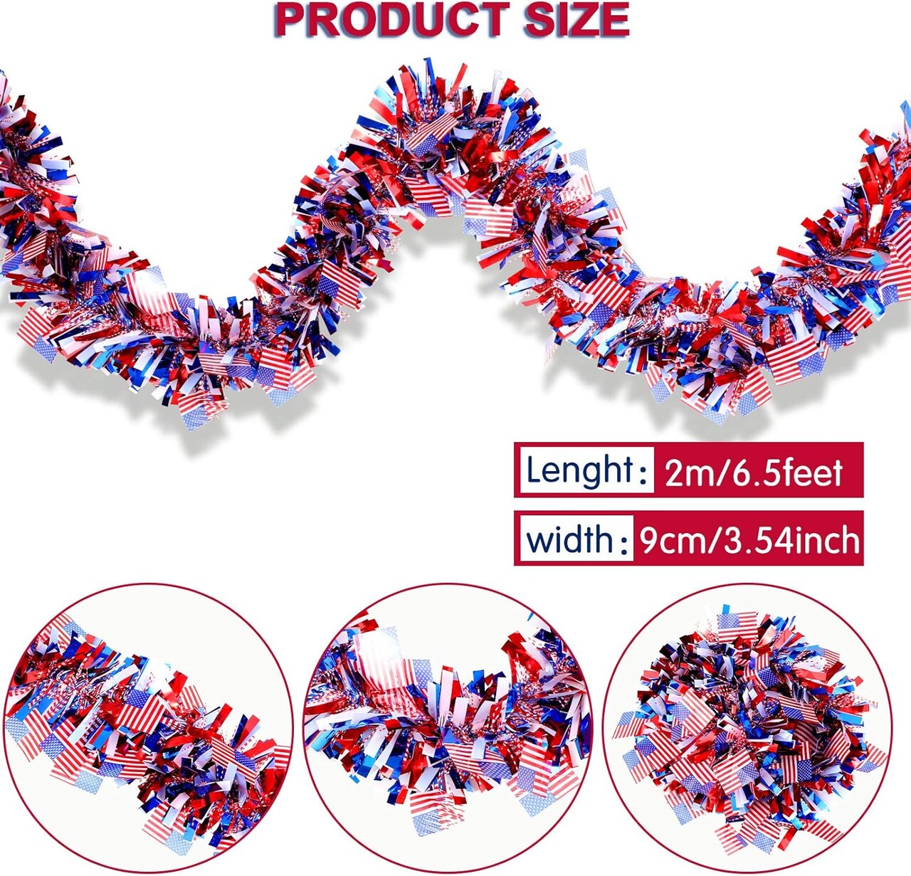 6 Pcs 39.4 Feet 4th of July Tinsel Garland – Red, White & Blue Patriotic Metallic America 250th Anniversary Flag Garland for Memorial Day & Independence Day Decorations